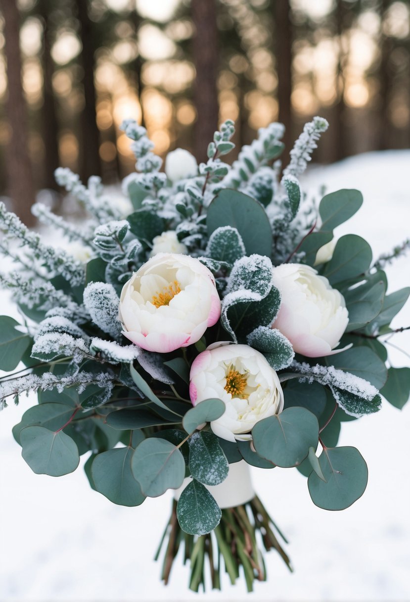 A winter wedding bouquet of frosted eucalyptus and peonies