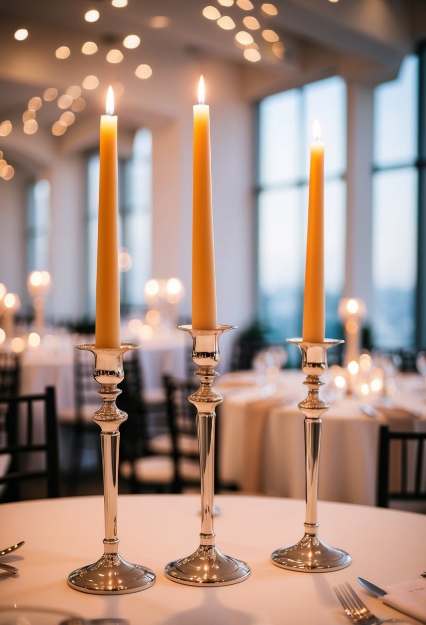 Tall, slim candleholders stand on a white table, casting a warm glow in an elegant wedding setting