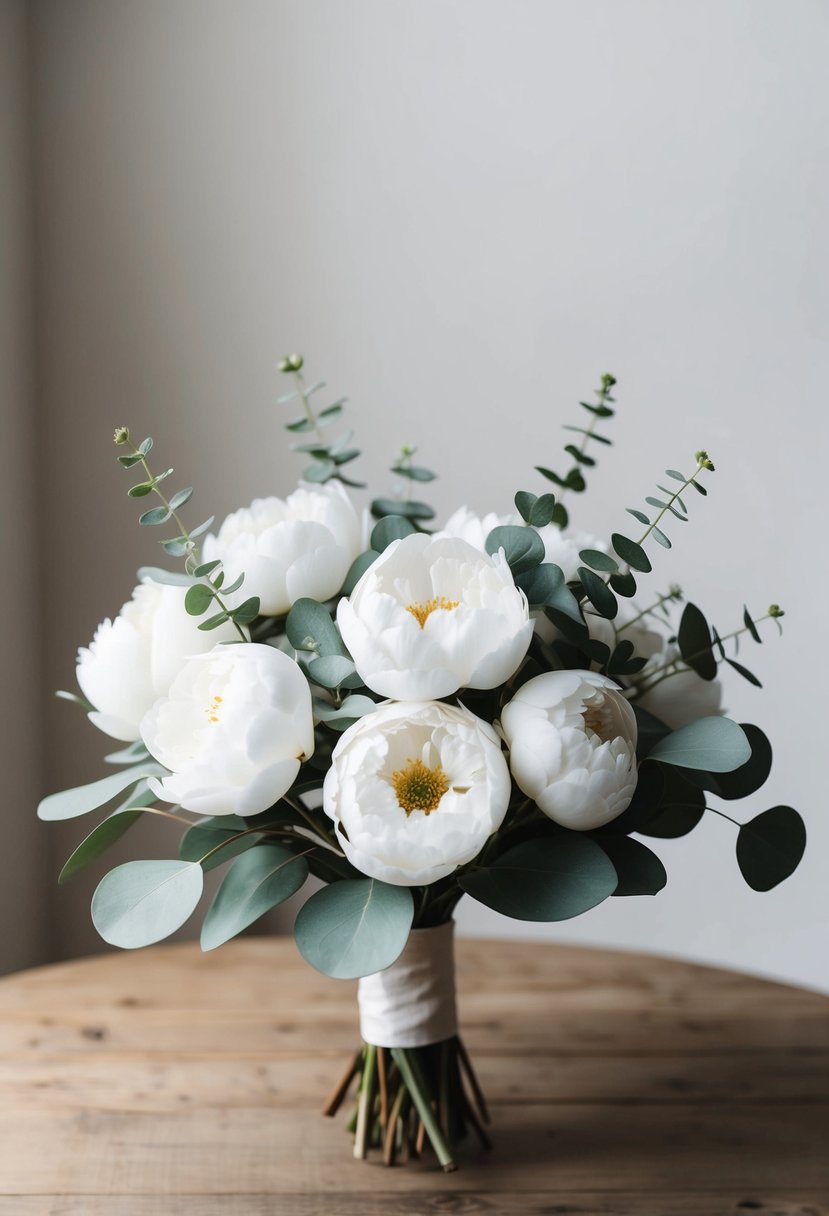 A modern minimalist peony arrangement with eucalyptus, showcasing wedding bouquet ideas