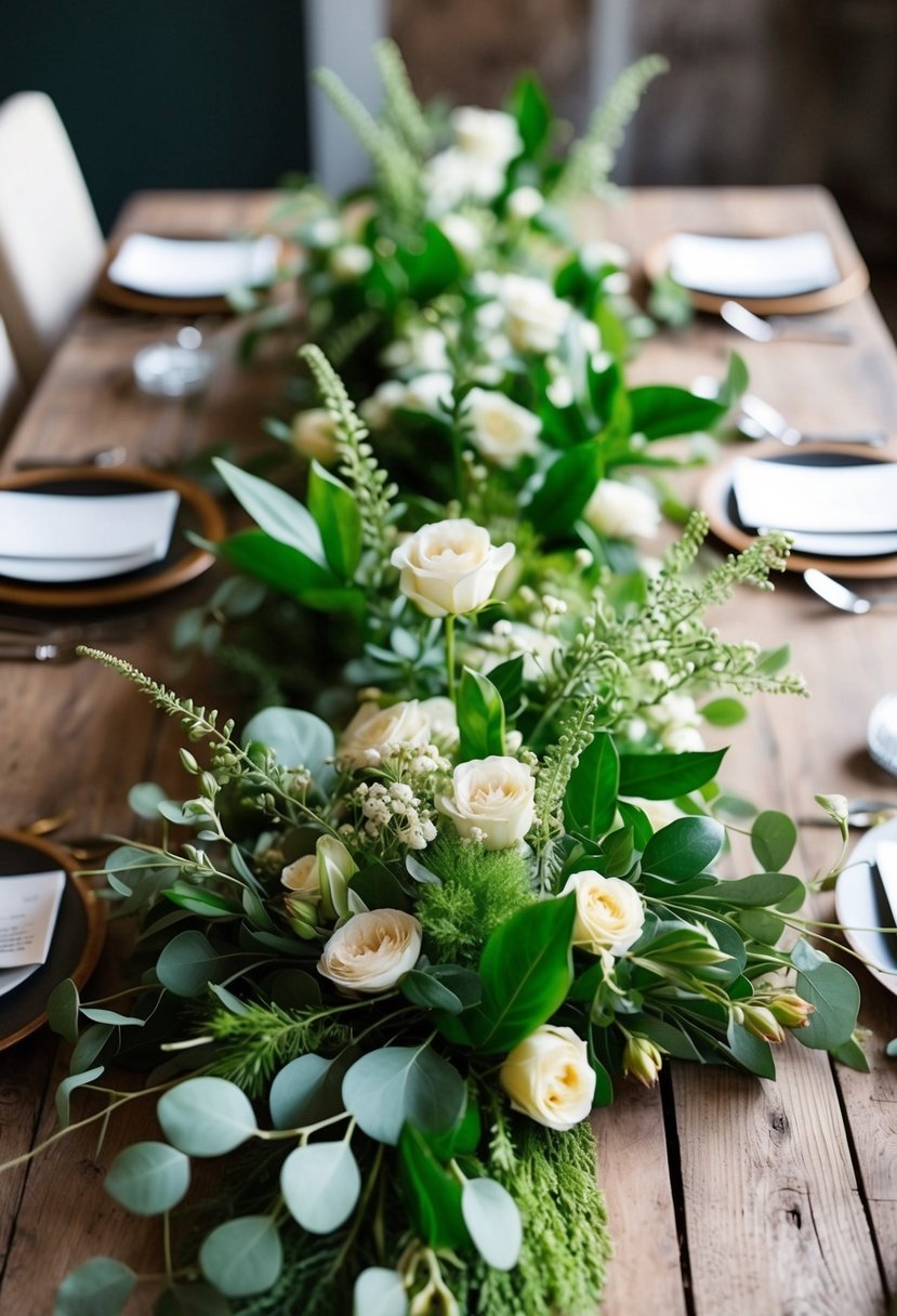 Lush greenery intertwined with delicate florals on a rustic wooden table centerpiece