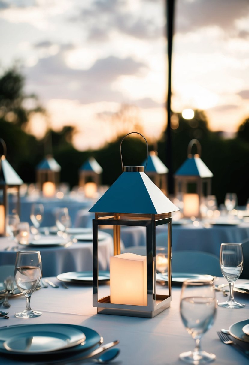 Geometric metal lanterns adorn a wedding table, casting elegant shadows