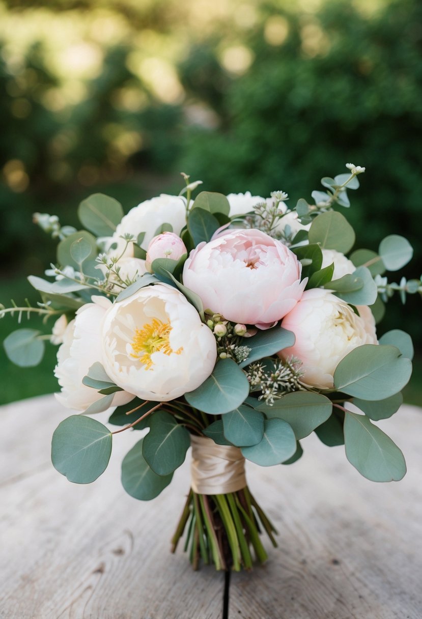 A vintage charm wedding bouquet featuring soft peonies and eucalyptus, with a romantic and delicate feel