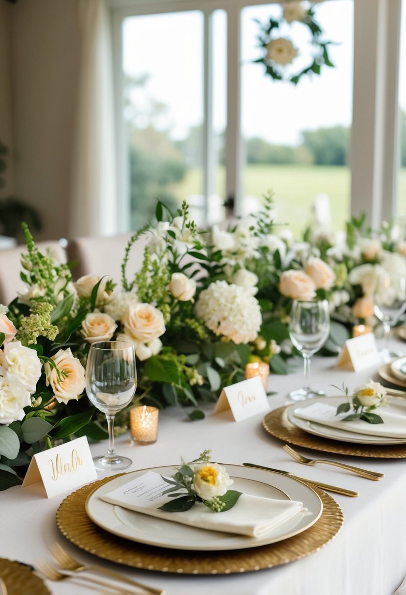 A beautifully set table with personalized name cards, floral centerpieces, and elegant place settings for a home wedding celebration