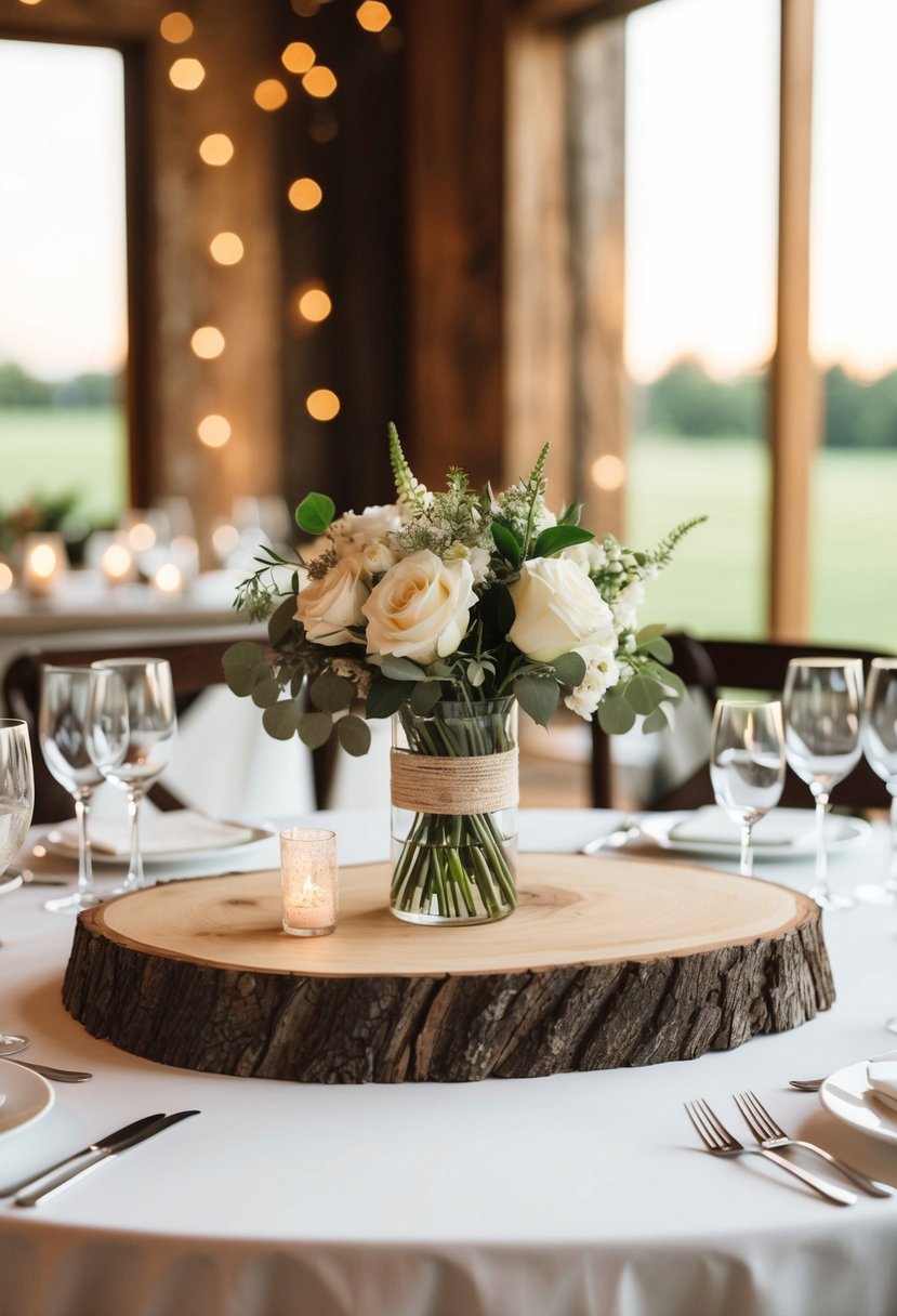 A rustic wooden slab showcases simple and elegant wedding table decorations