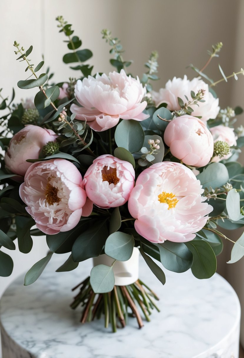 A lush bouquet of blush peonies and fragrant eucalyptus, arranged in a romantic and elegant manner