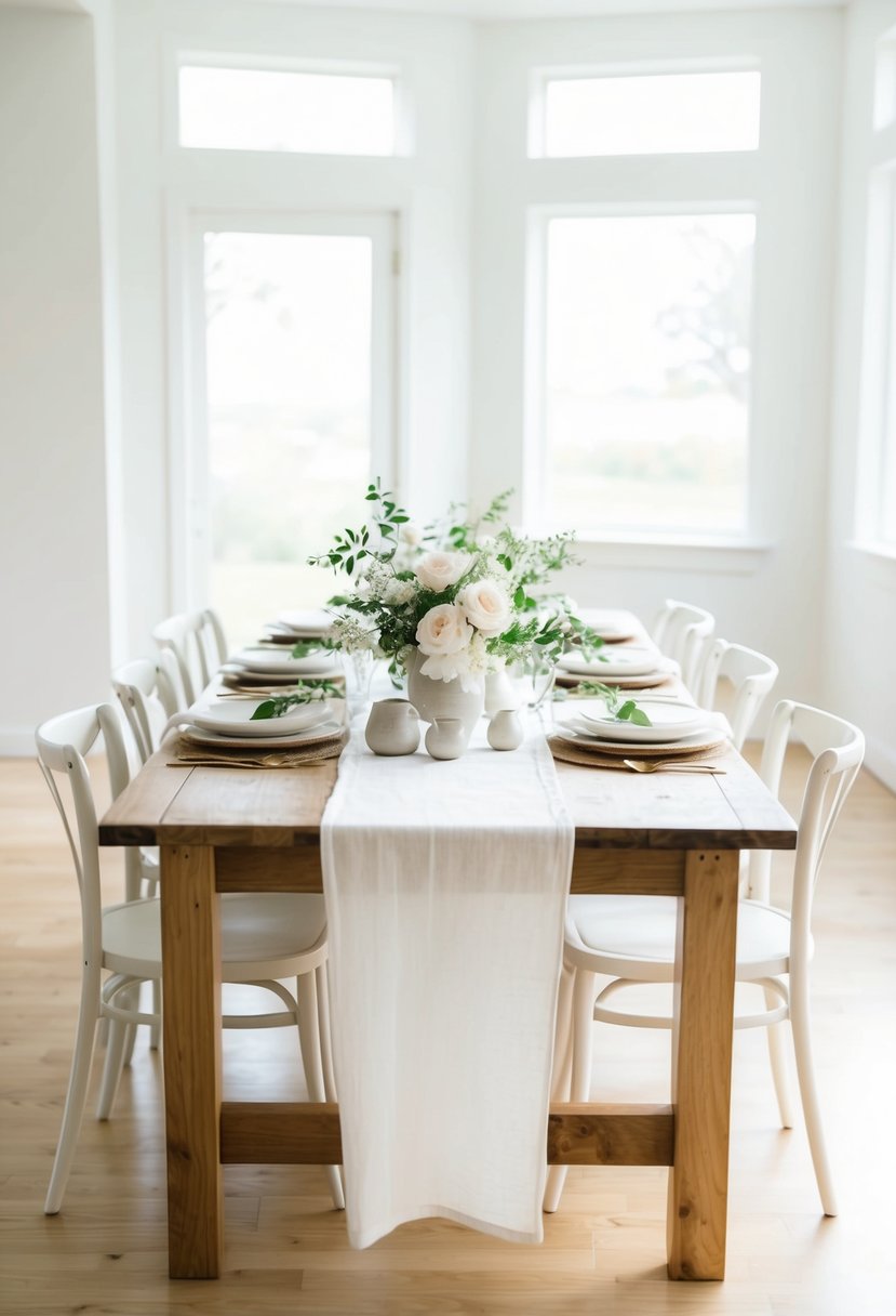 A simple wooden table with white linen, minimal floral arrangements, and neutral tableware in a bright, airy room with natural light