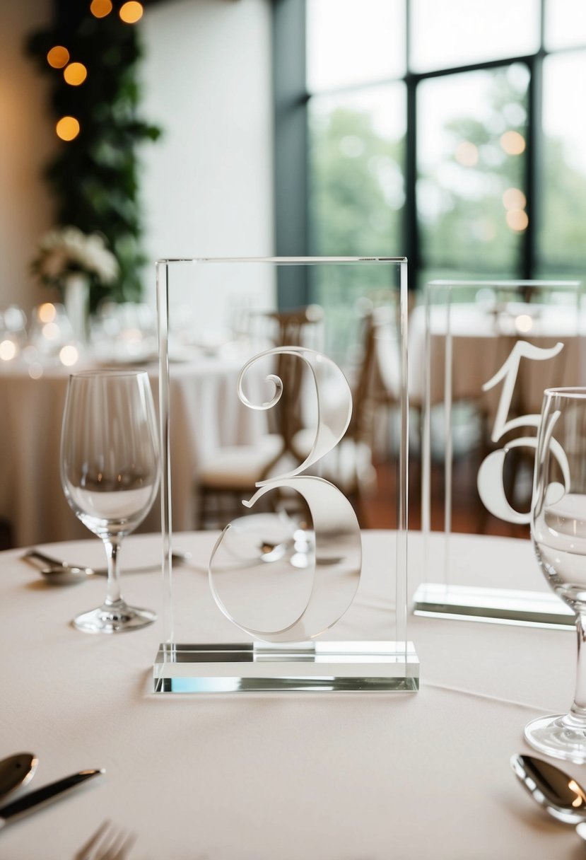 A set of clear acrylic table numbers arranged in an elegant and simple wedding table decoration display