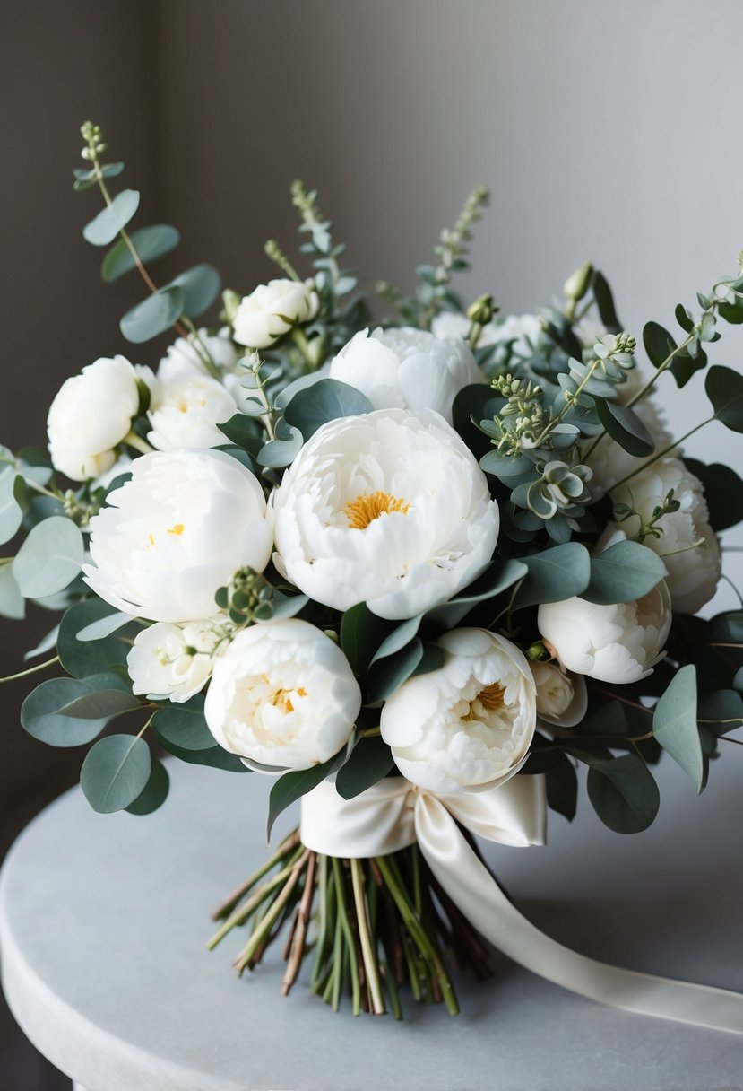 A lush bouquet of white peonies and eucalyptus, tied with a satin ribbon, exudes classic elegance