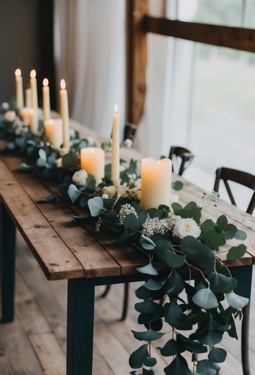 Eucalyptus garlands draped across a rustic wooden table, adorned with candles and delicate white flowers for a natural home wedding decoration