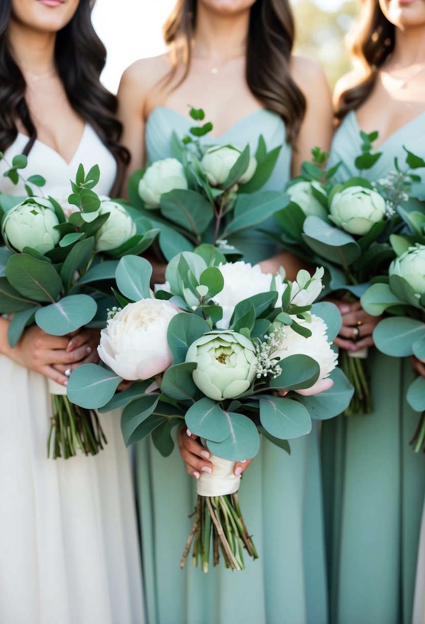 A group of sage green bridesmaid bouquets, featuring eucalyptus leaves and peonies, arranged in elegant and delicate wedding bouquet ideas