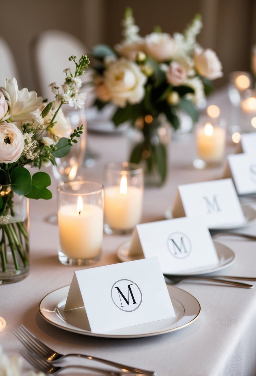 A set of elegant monogrammed place cards arranged neatly on a table, surrounded by delicate floral centerpieces and soft candlelight