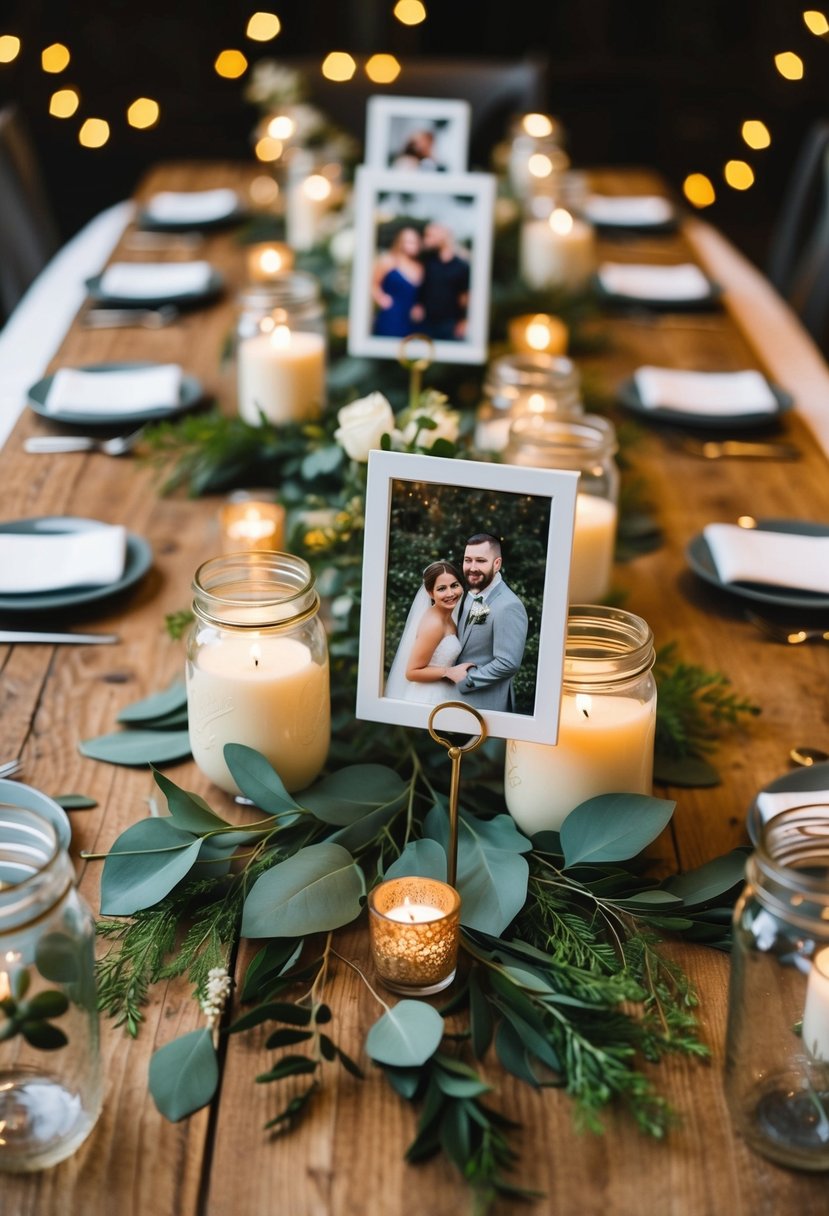 A rustic wooden table adorned with mason jar photo displays, surrounded by greenery and candles, creating a cozy and intimate wedding centerpiece