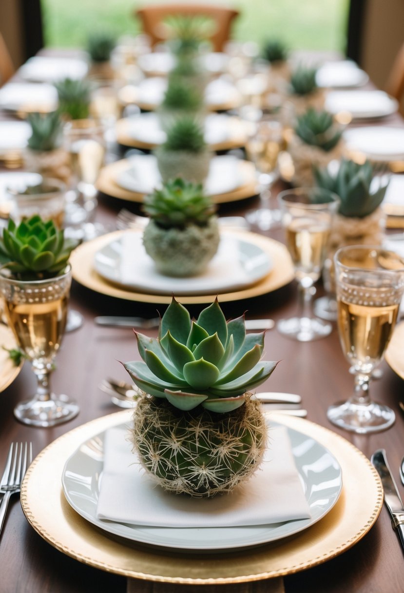 Succulent favors adorn each place setting on a beautifully arranged wedding table