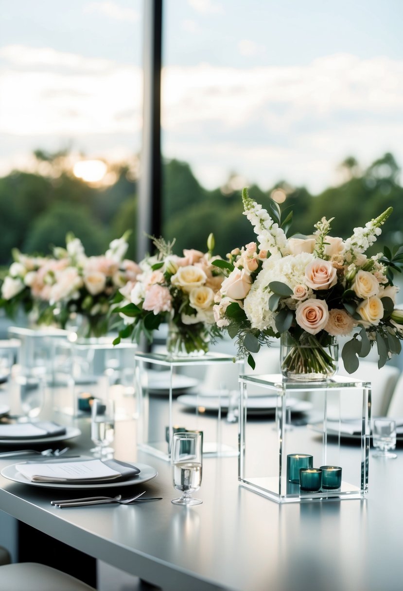 Clear acrylic stands hold floral arrangements on a sleek, modern wedding table