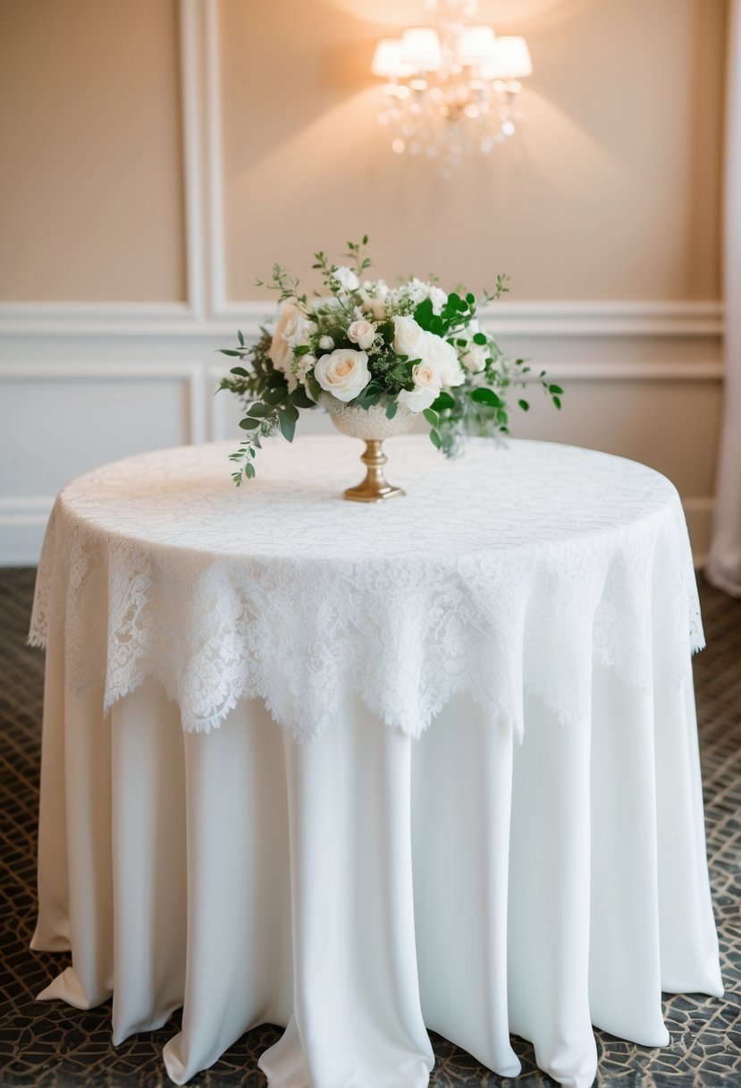 A lace table overlay on a simple wedding table with elegant decor