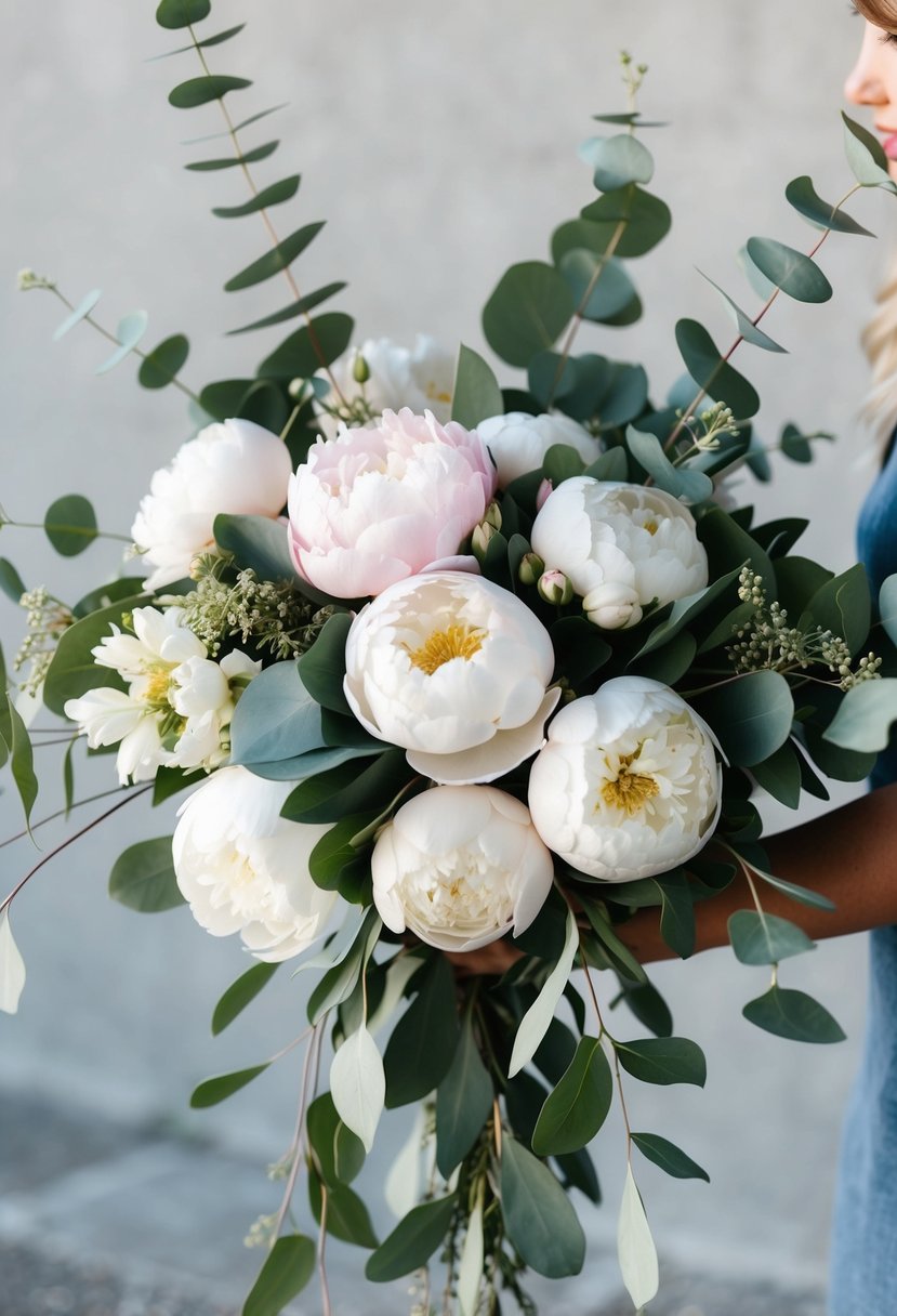 A lush bouquet of cascading peonies and eucalyptus leaves