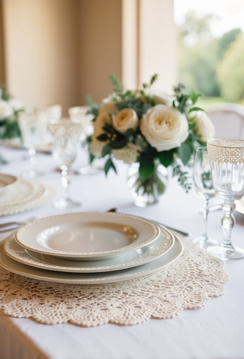 Delicate doilies adorn a wedding table, adding elegance to the setting