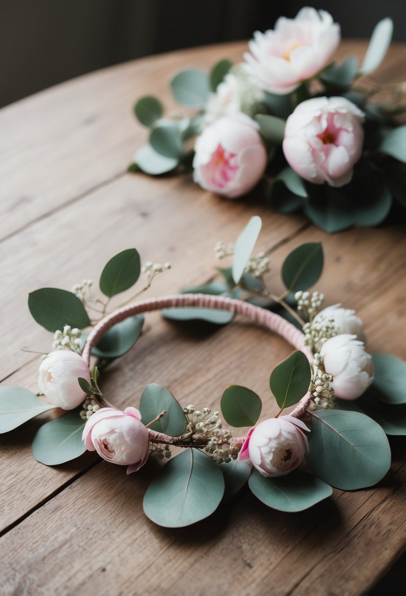 A delicate pastel wedding crown adorned with eucalyptus leaves and peonies, resting on a rustic wooden table