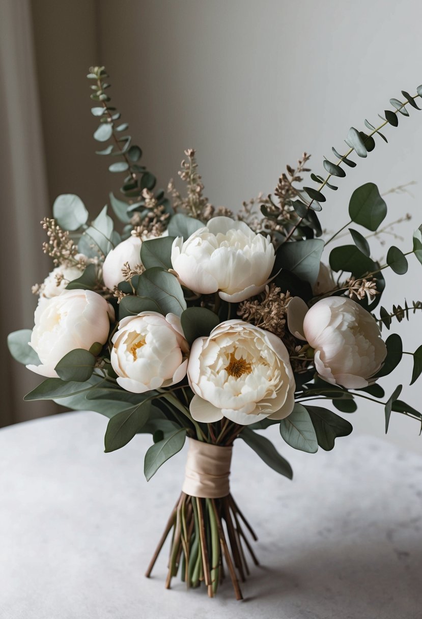 A bouquet of handmade peonies intertwined with dried eucalyptus, arranged in a delicate and elegant wedding bouquet