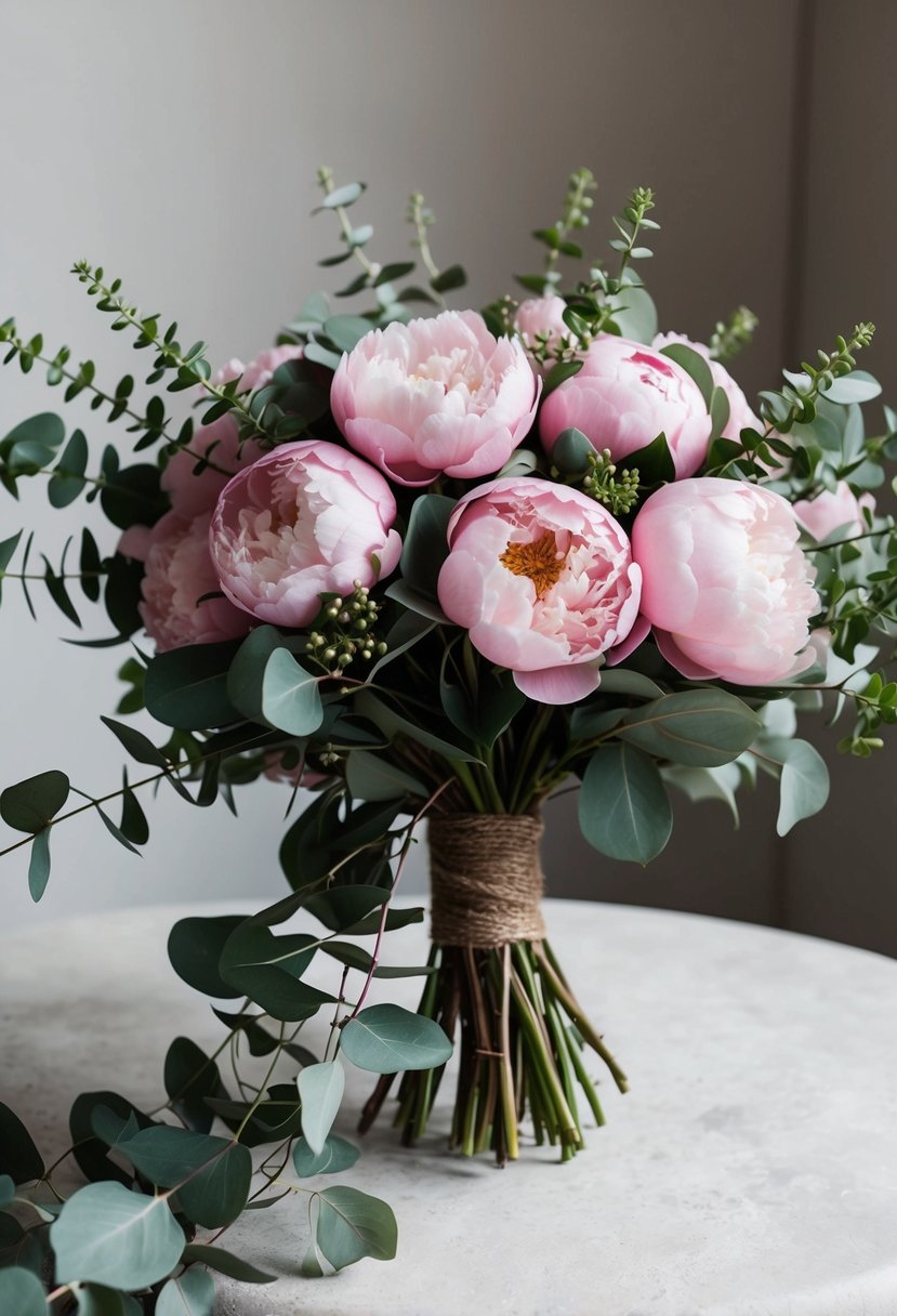 A lush bouquet of pink peonies and fresh eucalyptus, arranged in a rustic, hand-tied style with trailing greenery