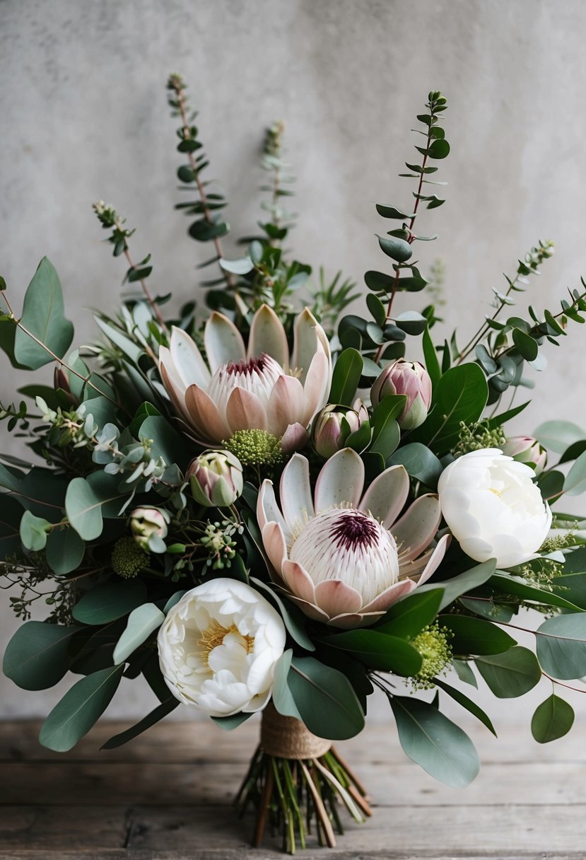 A lush bouquet of proteas and peonies with delicate eucalyptus highlights, arranged in a rustic, elegant style