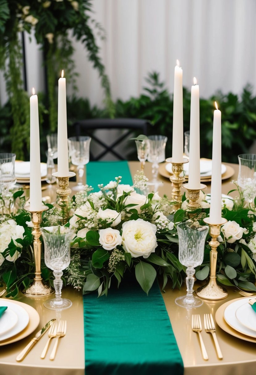 An emerald green table runner with gold accents, surrounded by lush greenery and white flowers. Tall, elegant candlesticks and sparkling glassware complete the luxurious wedding table setting