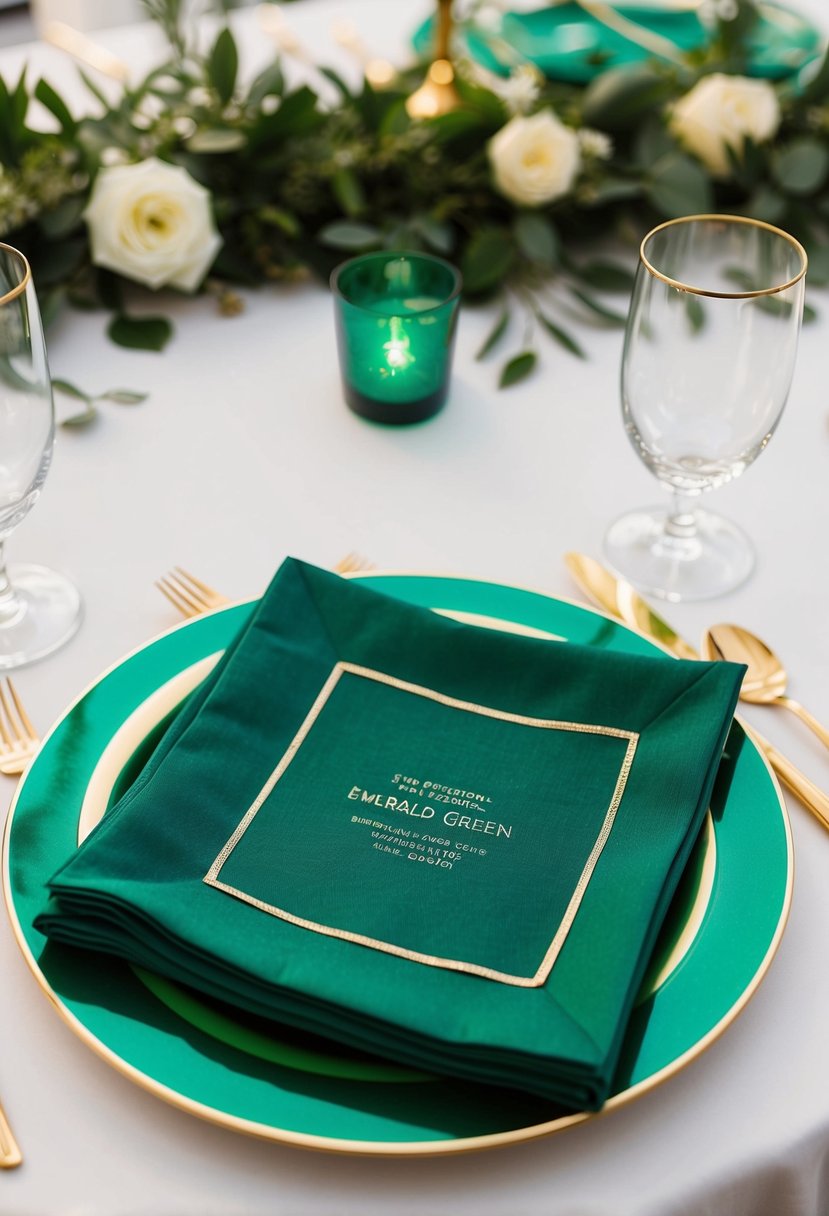 Emerald green napkins with gold trim arranged on a wedding table with matching emerald green decorations