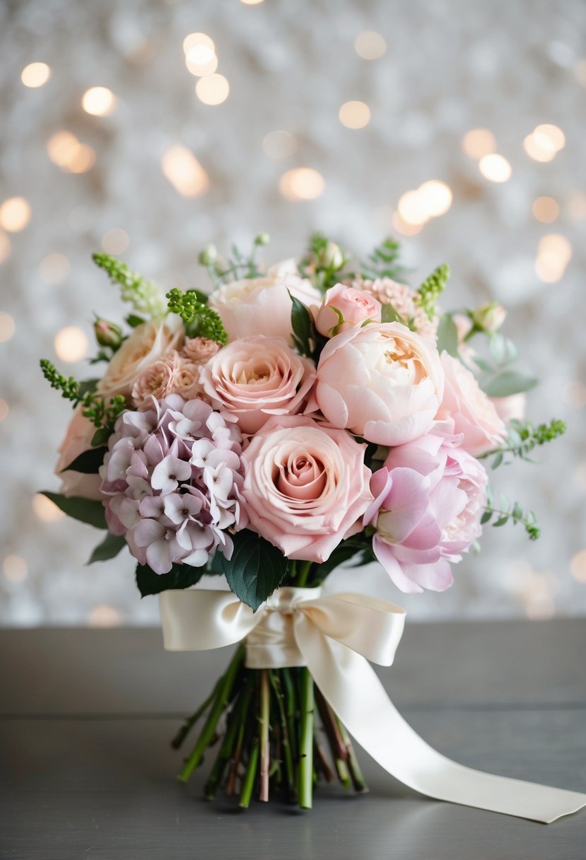 A delicate bouquet of blush pink roses, peonies, and hydrangeas tied with a satin ribbon