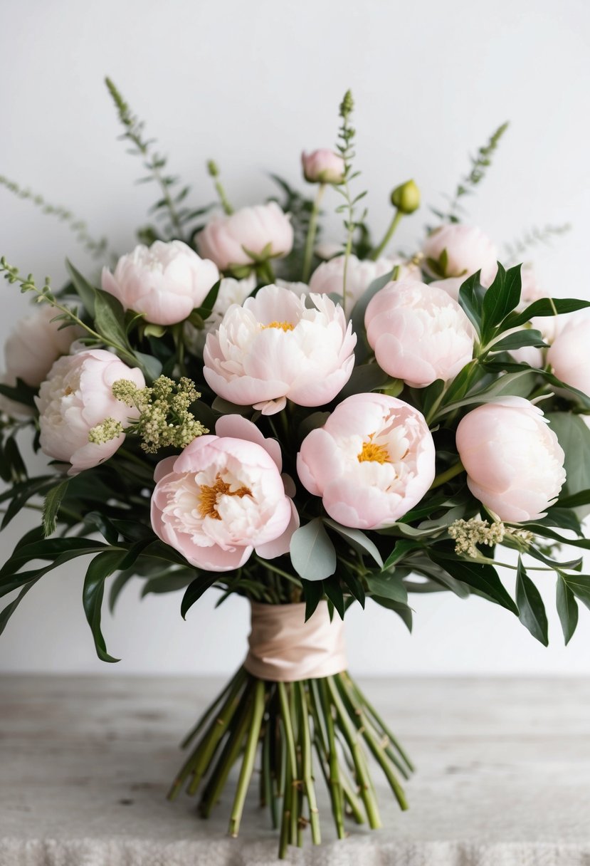 A delicate bouquet of light pink peonies and greenery arranged in a flowing, elegant style