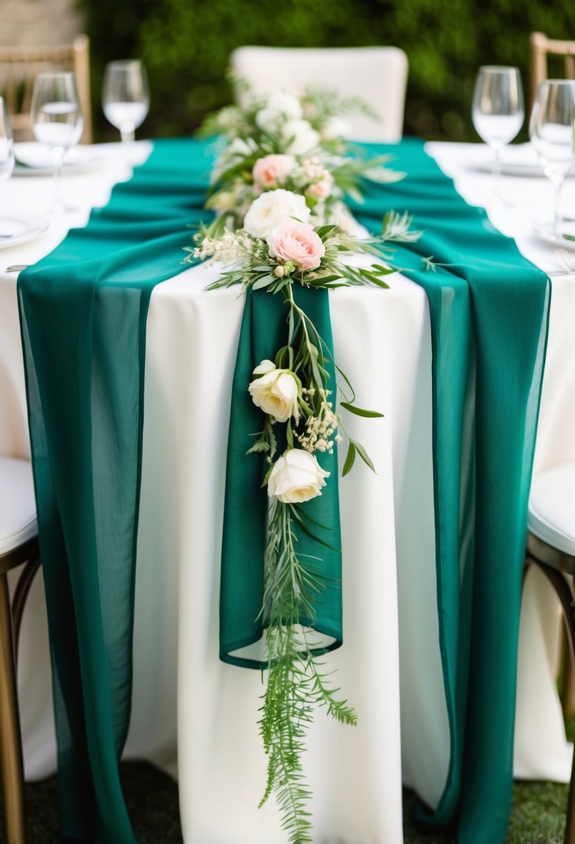 An emerald green chiffon runner adorned with floral accents drapes elegantly across a wedding table, adding a touch of natural beauty to the decor