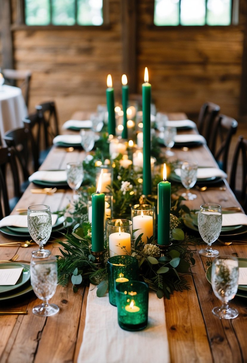 An emerald green rustic centerpiece adorned with candles sits atop a wooden wedding table, exuding an elegant and enchanting ambiance