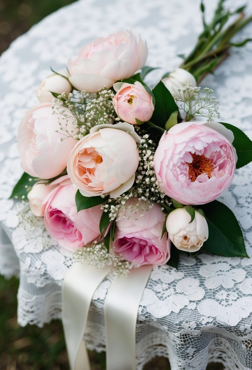 A delicate, light pink bouquet of roses, peonies, and baby's breath tied with a satin ribbon, resting on a lace-covered table