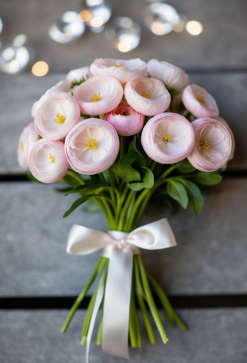 A delicate bouquet of light pink ranunculus tied with a satin ribbon