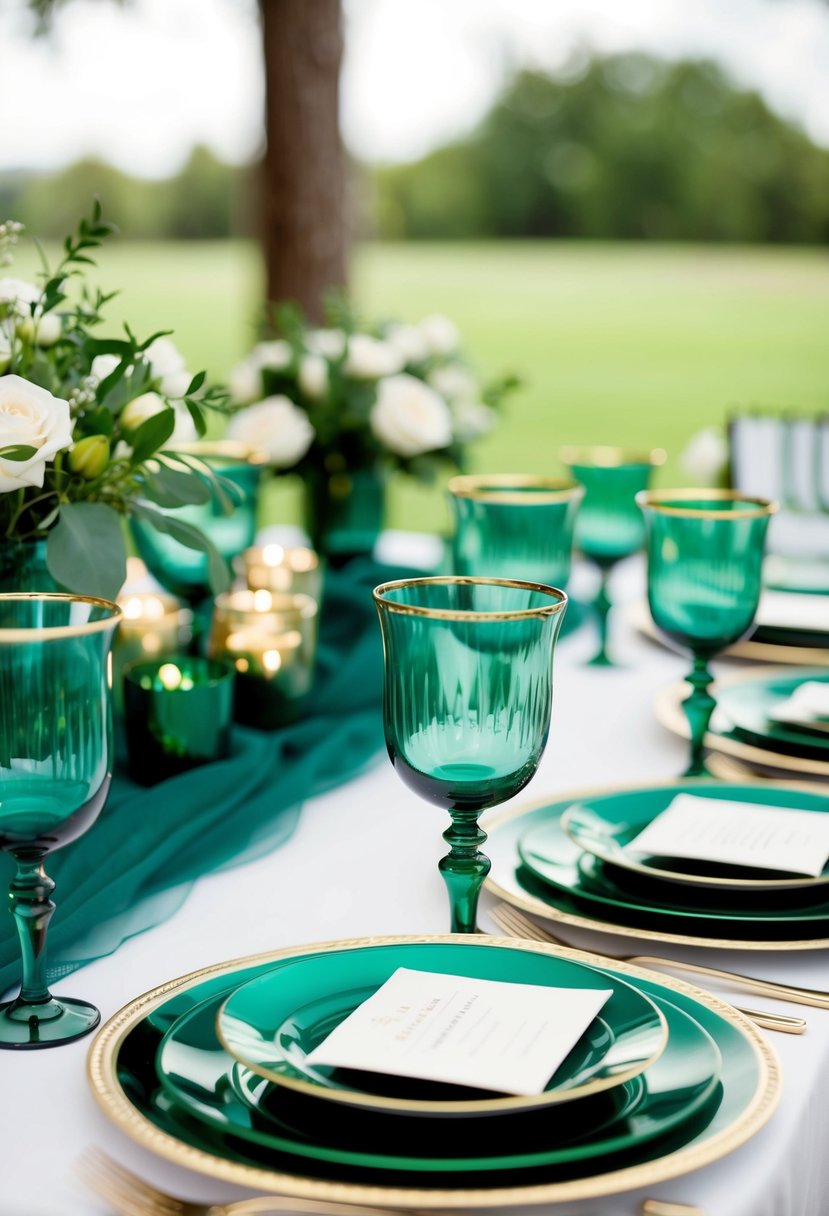 Gold-rimmed emerald green glassware arranged on a wedding table with matching emerald green decorations