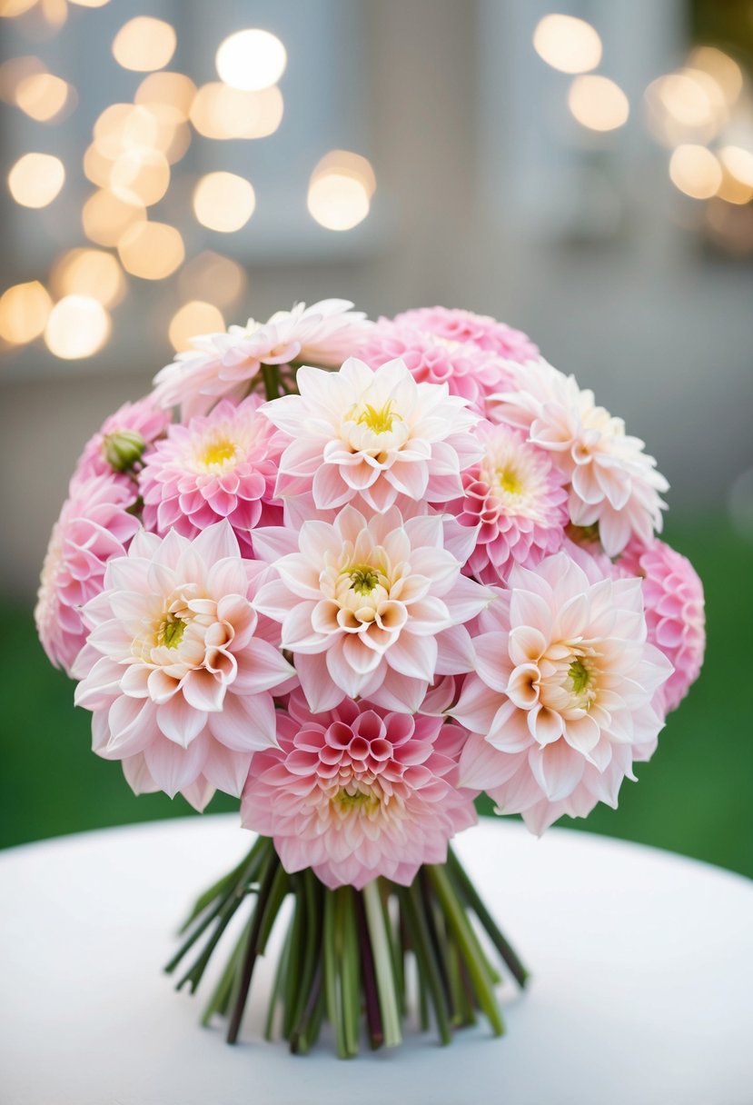 A delicate arrangement of light pink dainty dahlias in a wedding bouquet