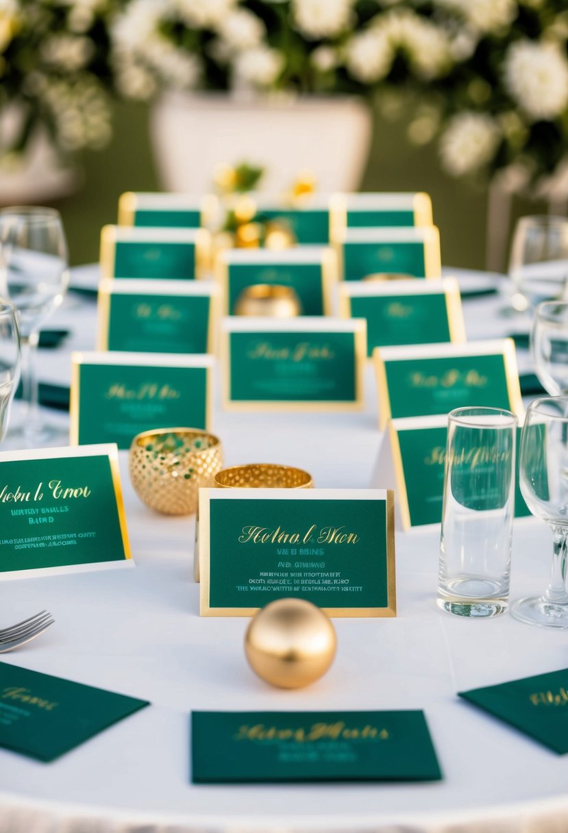 Emerald green and gold place cards arranged on a wedding table with matching decorations