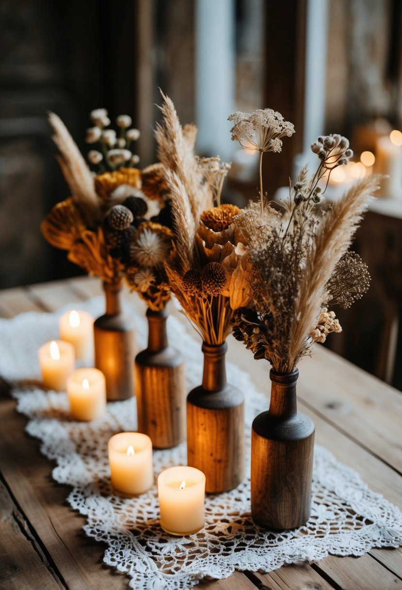 A wooden table adorned with dried flowers in rustic vases, surrounded by flickering candles and delicate lace