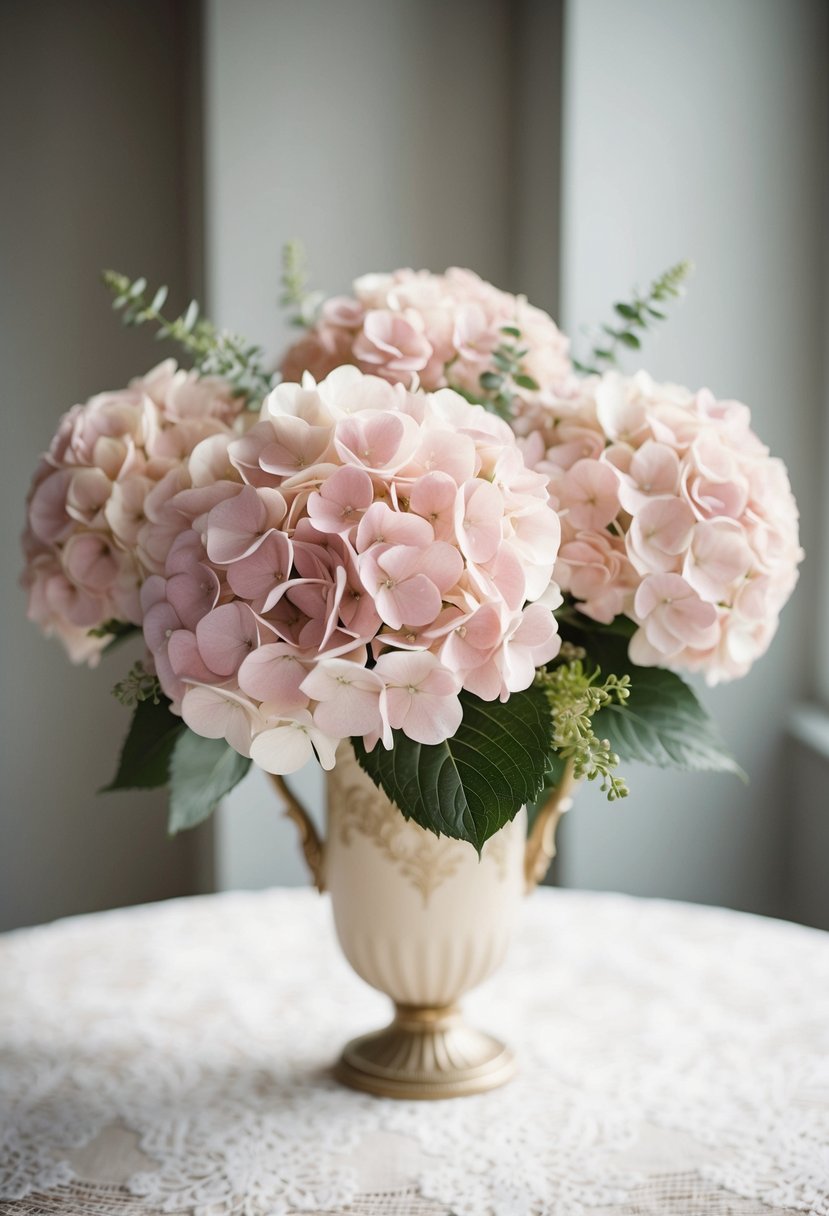 A delicate wedding bouquet of light pink hydrangeas, accented with subtle greenery, sits in a vintage vase on a lace-covered table