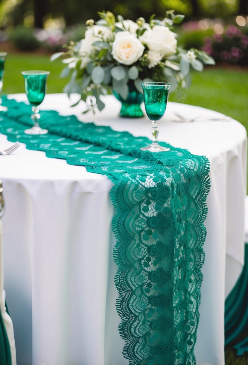 A white tablecloth with an emerald lace overlay, adorned with emerald green wedding table decorations