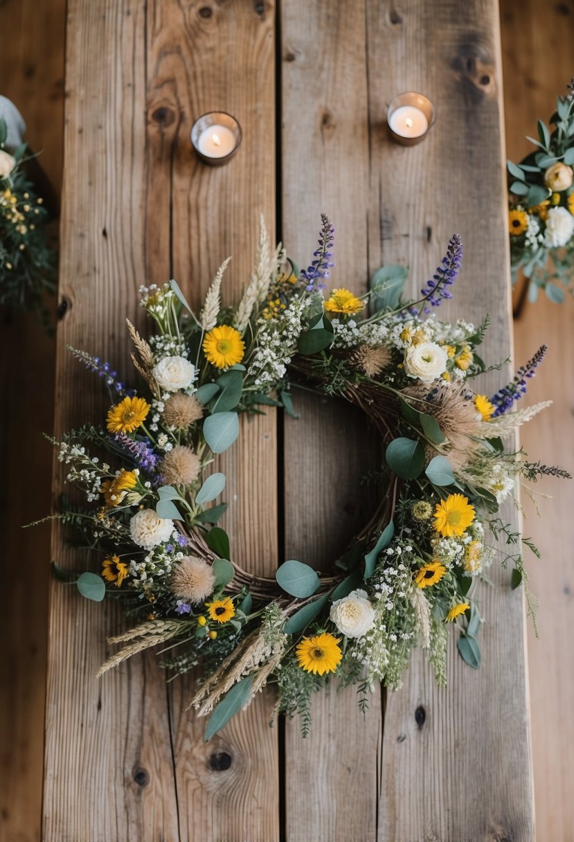 A rustic wooden table adorned with wildflower wreath centerpieces and dried flower arrangements for a wedding celebration