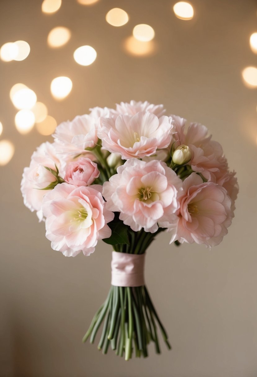 A delicate, pastel pink lisianthus bouquet floating in soft, warm light