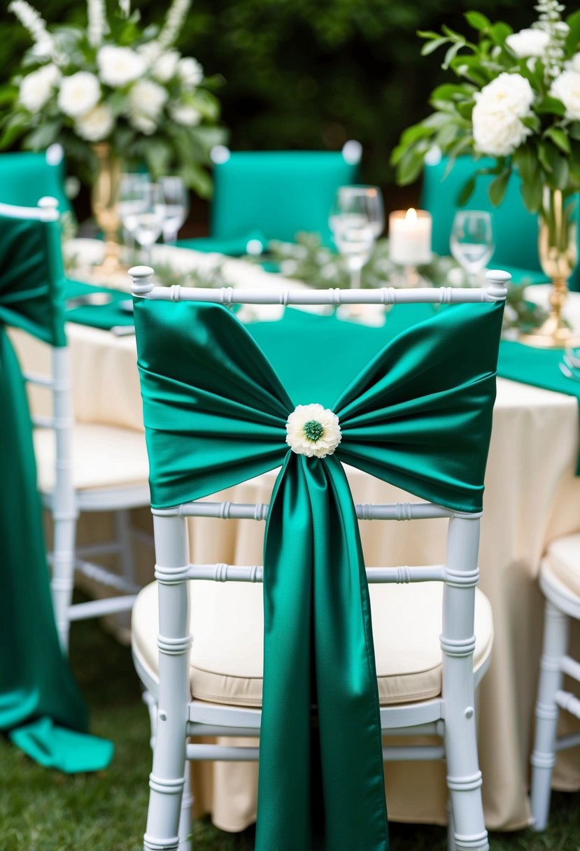 Emerald green satin chair sashes draped over chairs, matching table runners, and centerpieces with greenery and white flowers