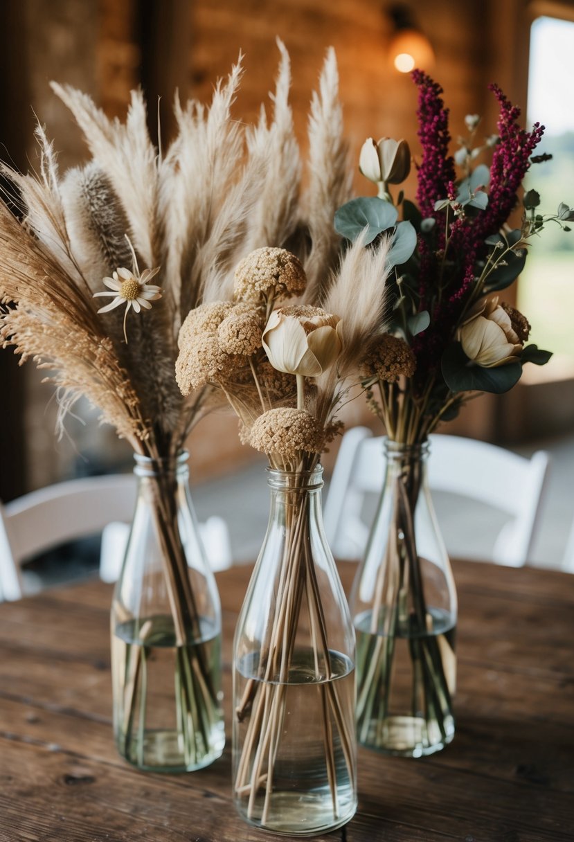 Clear vases hold dried flower bouquets on a rustic wedding table