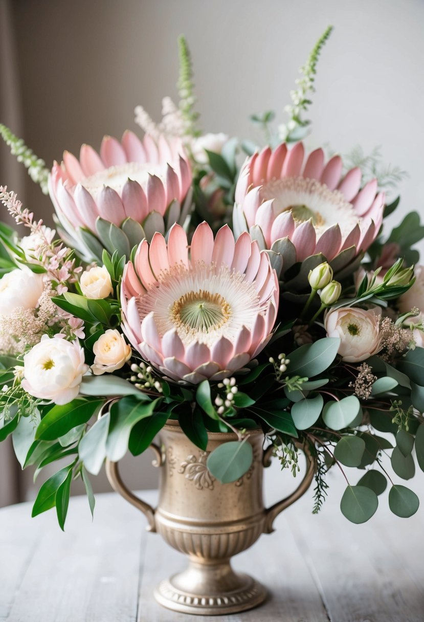 A soft, pastel pink wedding bouquet of proteas, surrounded by delicate greenery and other pale blooms, arranged in a vintage-inspired vase