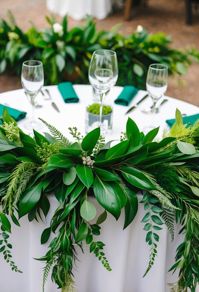 A lush greenery garland with emerald accents adorns a wedding table