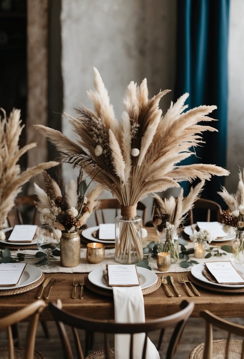 A rustic table adorned with pampas grass arrangements, dried flowers, and bohemian decor for a wedding celebration