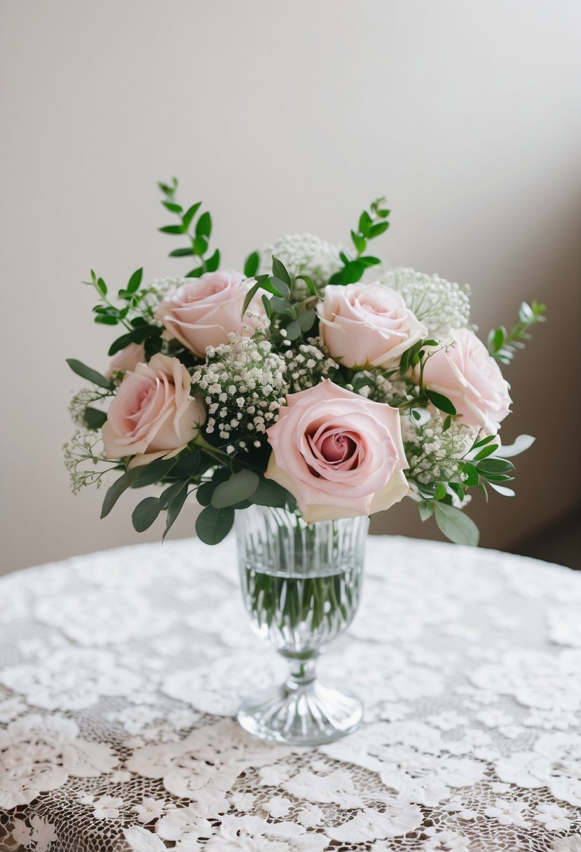 A delicate, light pink rose bouquet, accented with greenery and baby's breath, sits in a crystal vase on a lace-covered table