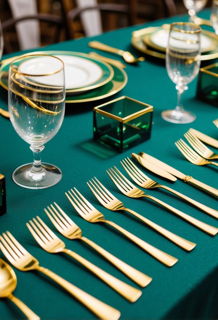 Gold cutlery with emerald handles arranged on an emerald green table with matching centerpieces and accents