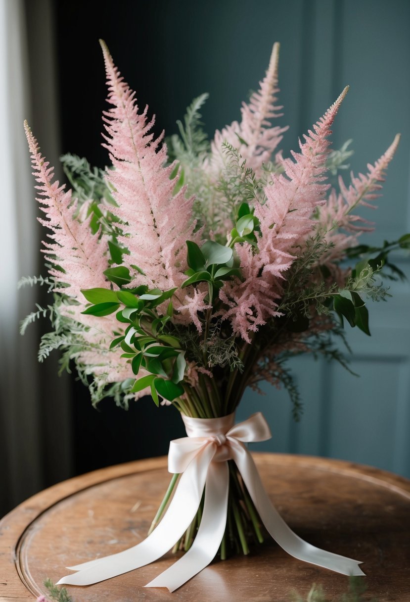 A delicate bouquet of light pink astilbe and airy greenery, tied with a satin ribbon, sits on a vintage wooden table