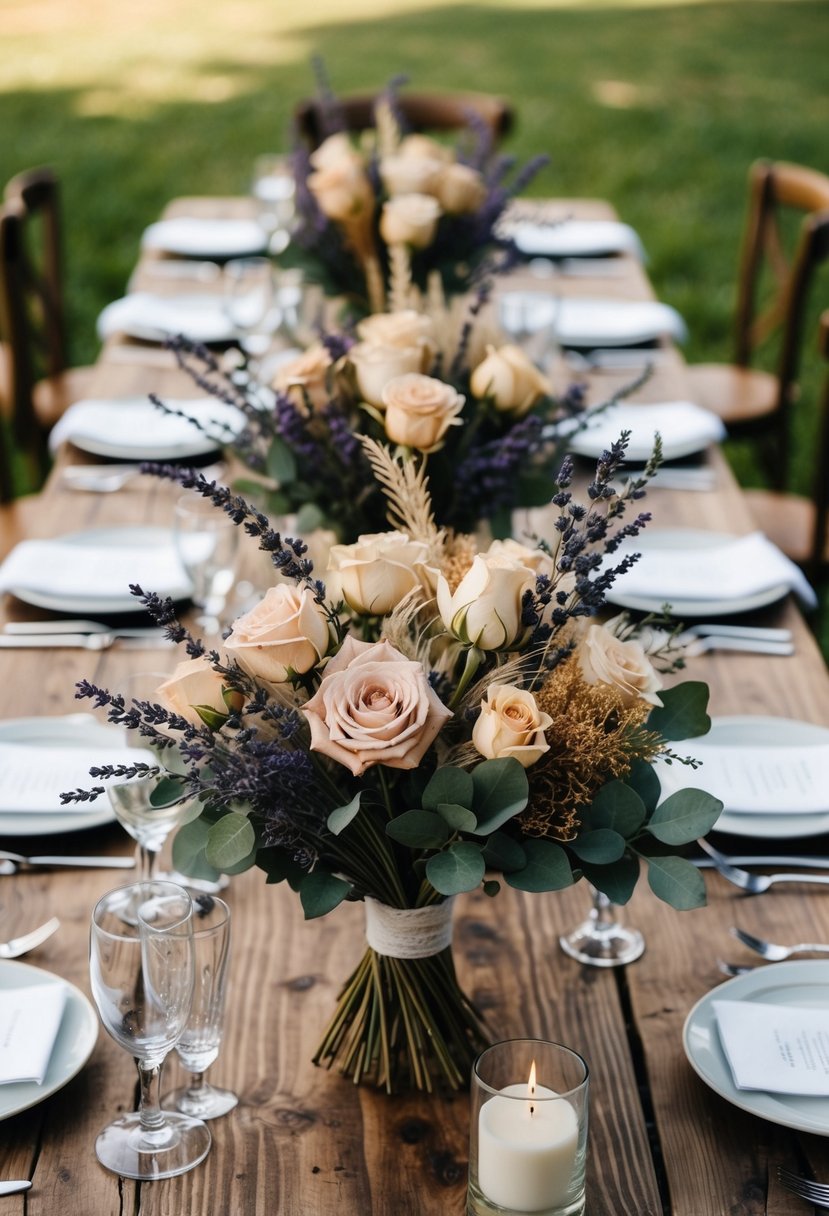 A rustic wooden table adorned with dried roses and lavender, arranged in elegant bouquets for a wedding centerpiece